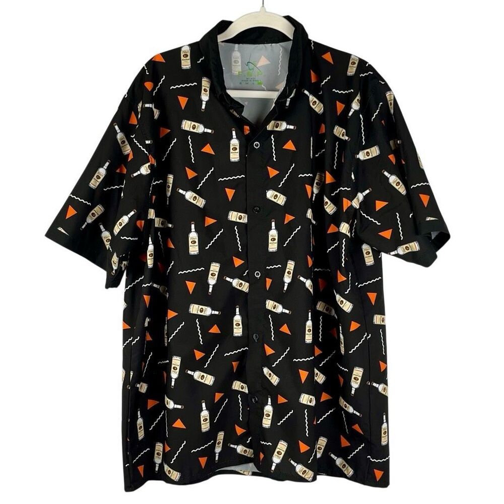 F.S.P. Black Button Down Tito's Handmade Vodka Bottles Geometric Shapes Short Sl